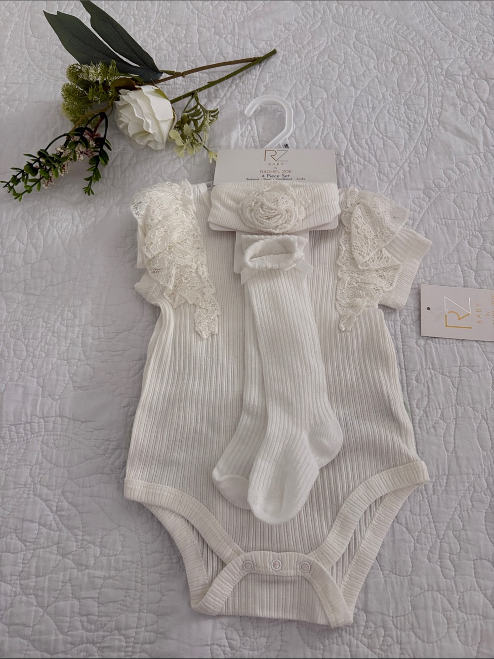 Rachel Zoe Cream Ribbed Lace-Sleeve One-Piece with Headband & Socks